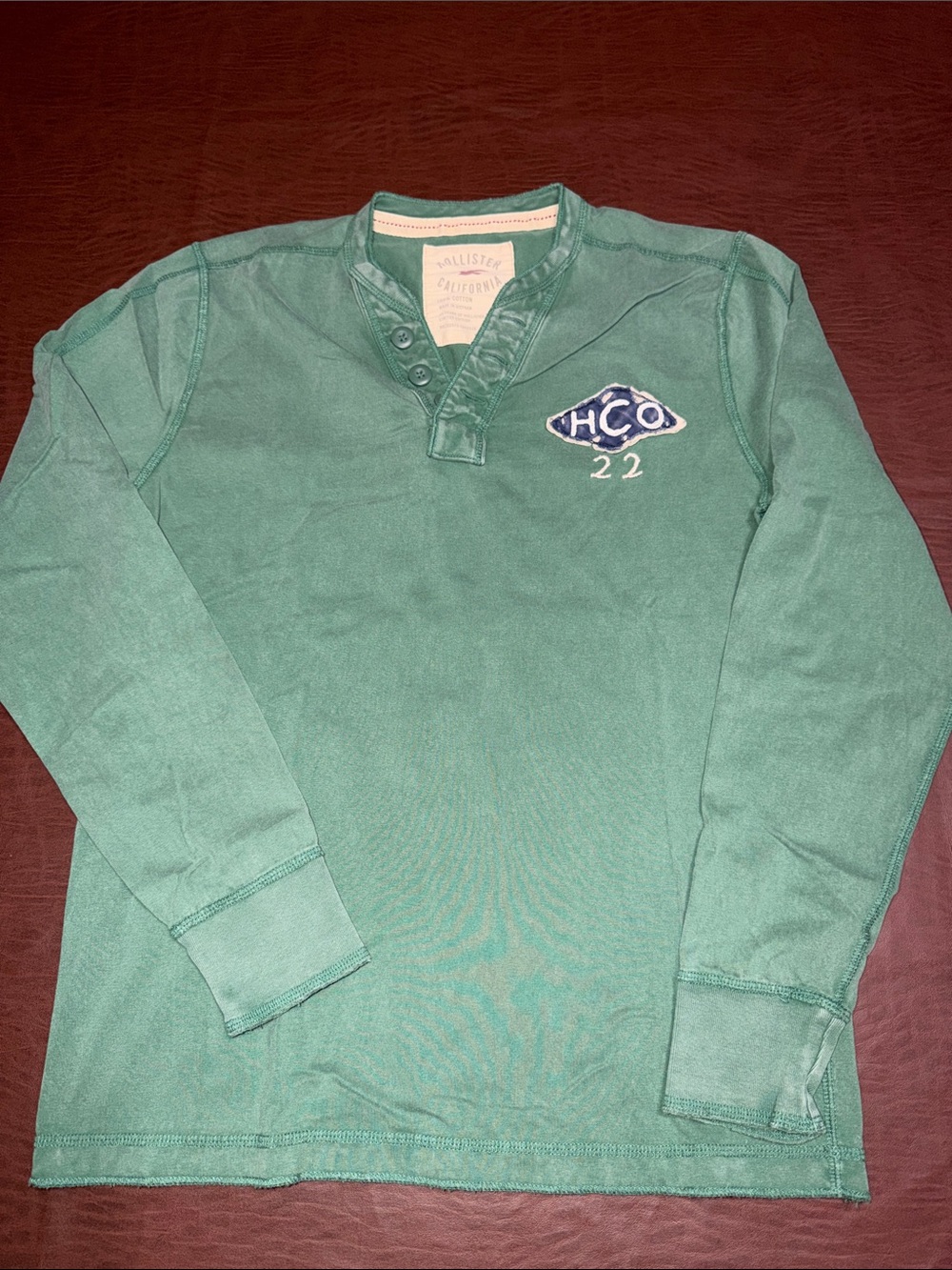 Hollister Teal Green Long-Sleeve Henley with HCO Patch